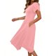 thumbnail image 3 of Mujeres Manga Corta Tops Estilo Casual Cuello Redondo Sólido Irregular Doblado Vestido, Vestido de Manga Corta para las Mujeres Falda Primavera Verano Diario, 3 of 6