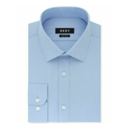 DKNY Mens Light Blue Mini Grid Collared Slim Fit Work Dress Shirt 18- 34/35