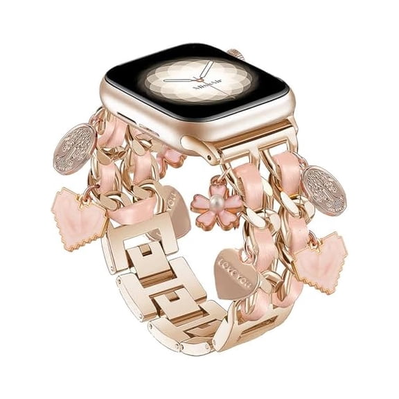 Bracelet Band with Cute Charm Compatible for Apple Watch 42mm 44mm 45mm 46mm 49mm Women, Cuban Chain Strap for iWatch Series 10 9 8 7 6 5 4 3 2 SE Ultra 1/2, Pink&Rose Gold