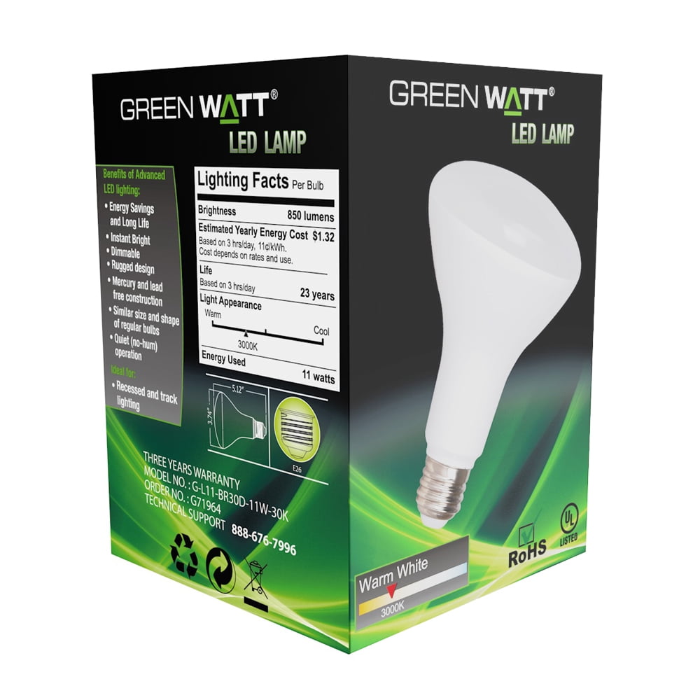 Green Watt BR30 LED Flood Light Bulbs, 11-Watt (65W Equivalent) Warm White, E26 Base, Dimmable (24-Pack)