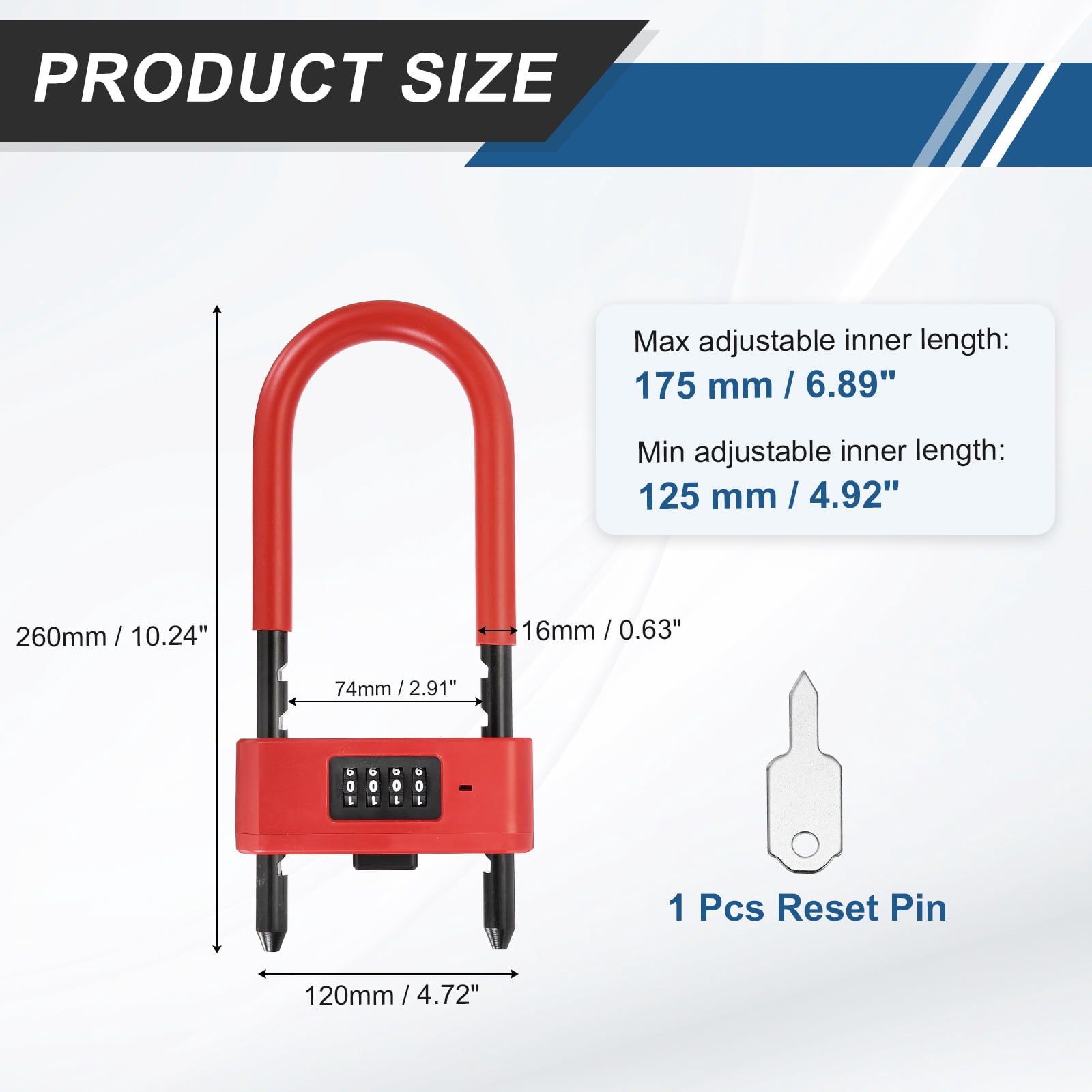 Uxcell 4 Digit Combination Padlock, Long Shackle Padlock - [4.92" - 6.89", Red], U-Shape Adjustable Shackle Lock for Bicycles Electric Bikes Mountain Bikes Glass Doors Gates
