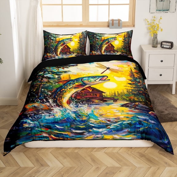 Erosebridal Pike Fish Comforter Cover Twin,Lake House Bedding Twin Size,Lodge Cabin Duvet Cover Twin,Ultra Soft Rustic Room Decoration(No Comforter),Reversible,3pcs