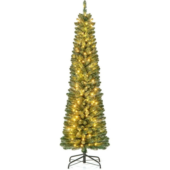 6FT Prelit Pencil Christmas Tree, Slim Artificial Xmas Tree with 392 Memory Wire Branch Tips, 140 Warm White LED Lights & Upgraded Metal Stand, Seasonal Holiday Decoration Tree for Home Party