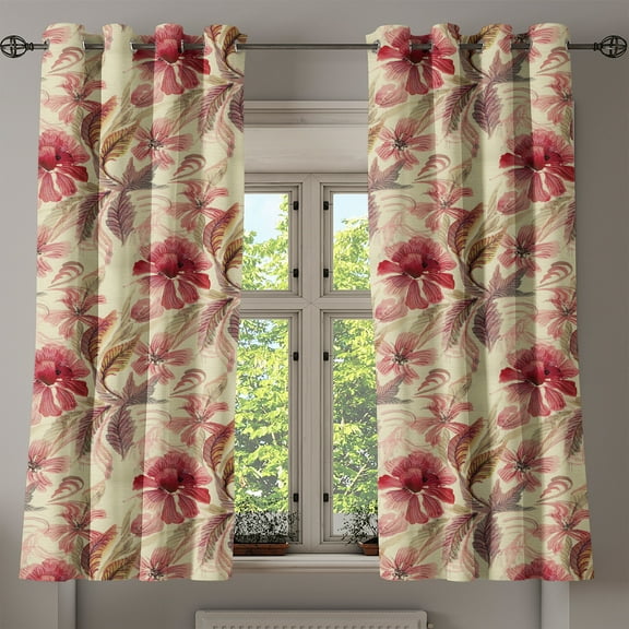 Ambesonne Flowers Boho Grommet Curtain, Delicate Floral Boho, 50"x60", Dark Pink Pale Green