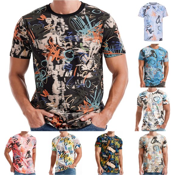 XIAOCHA Abstract Graphic Print Short Sleeve T Shirt For Men Crew Neck Streetwear Casual Tops