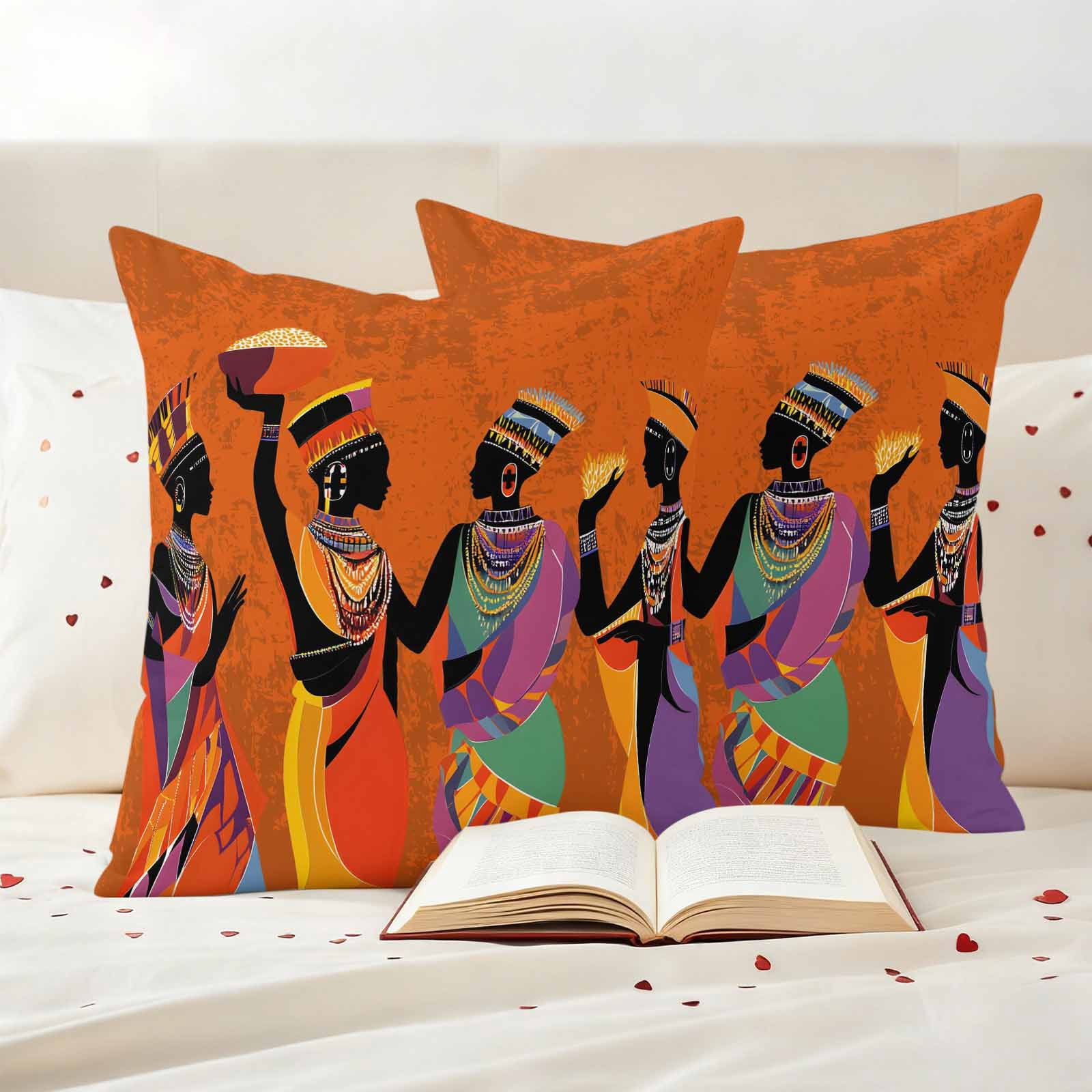 Outdoor Pillow Covers African Black Woman Ethnic Style Waterproof Pillow Cases 18x18 Set of 2, Retro Orange Gradient Throw Pillow Cover Pillowcase for Patio Balcony Couch Garden