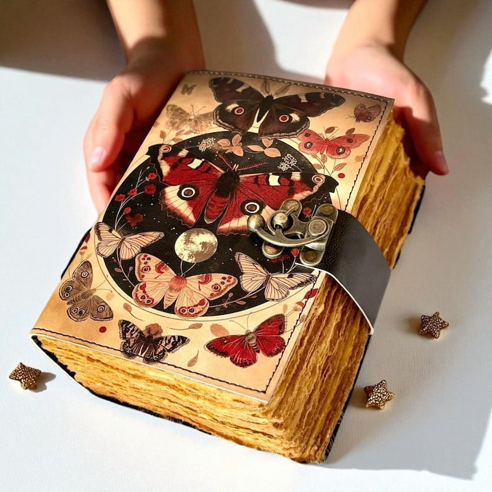 Butterfly Leather Grimoire - Vintage Butterfly Leather Journal – Handmade Paper – 5x7 Inch – 200 Pages