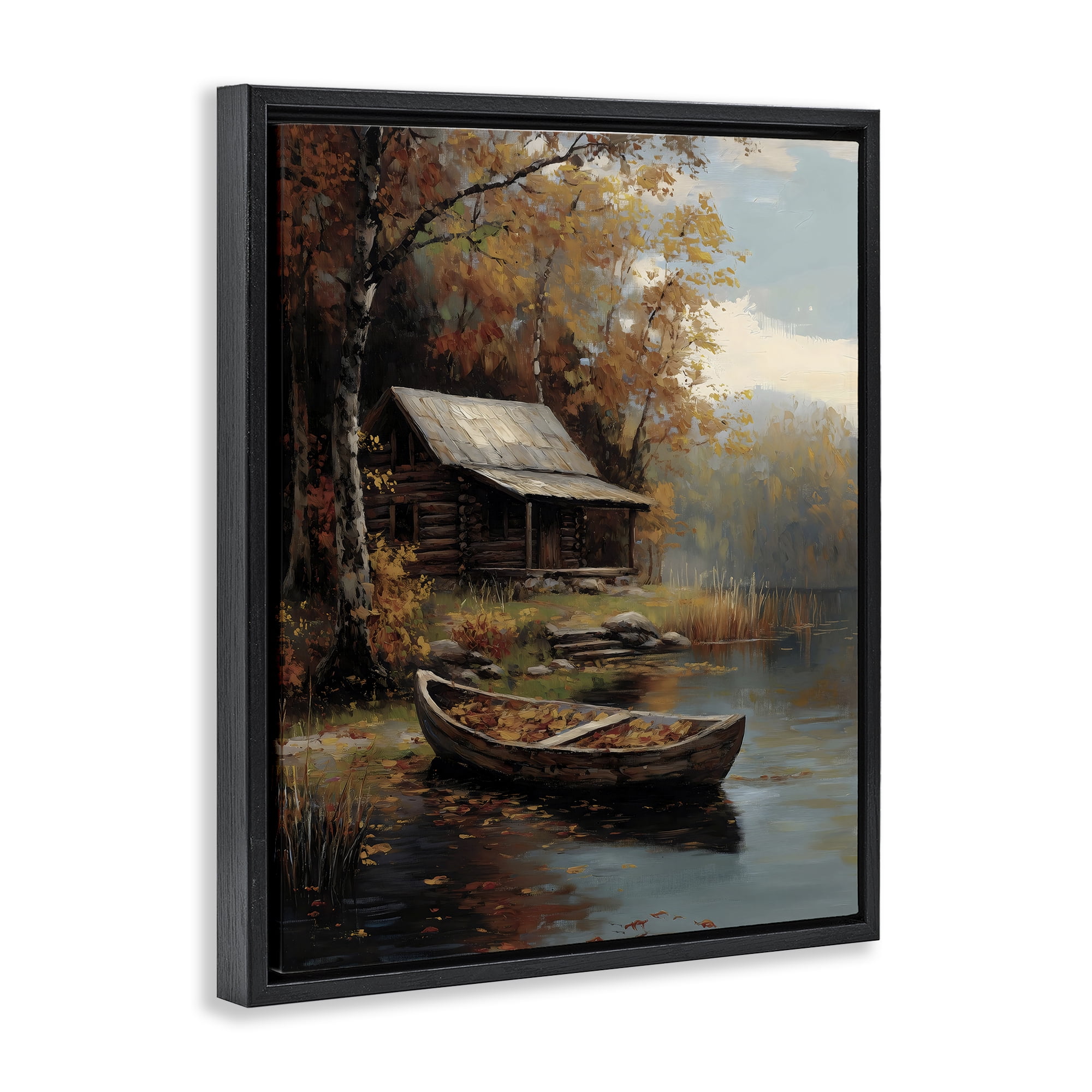 Autumn Cabin Canoe with Leaves Black Framed Floater Canvas Wall Art, design by Arlington Prints