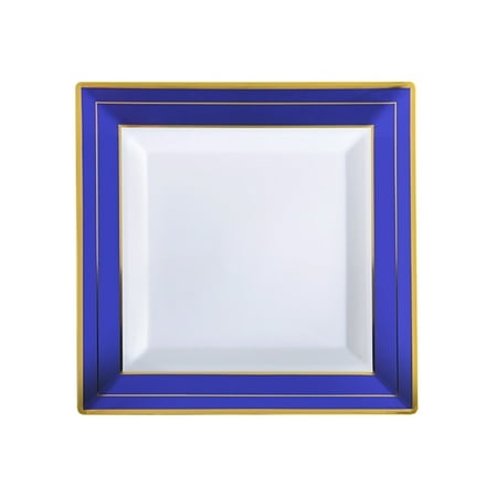 

Blue Splendor 10 Square White w/ Blue and Gold Band Plastic Dinner Plates 10ct.