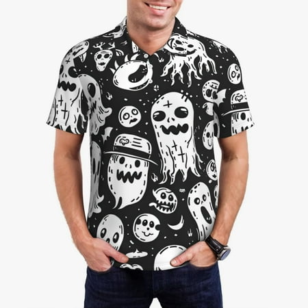 Uemuo Black White Spooky Ghosts for Men’s Golf Shirt – Premium Pique Cotton Polo Soft & Breathable Casual Short Sleeve Shirt Comfortable Activewear for Sports & Leisure-Large