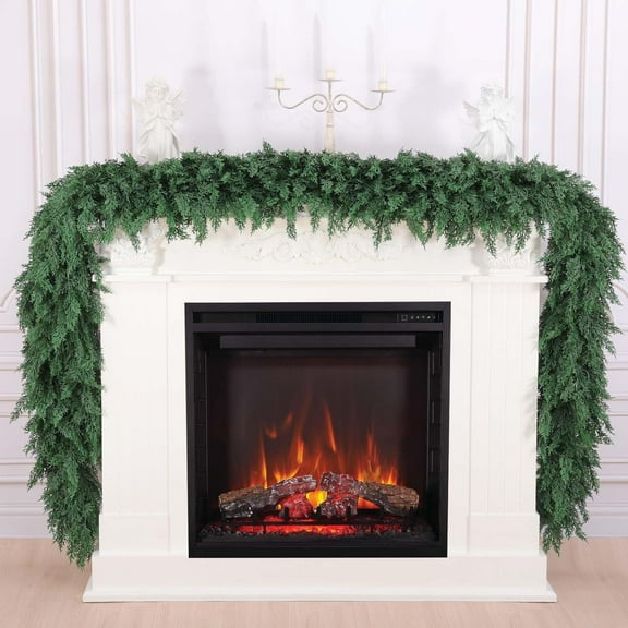 Guvpev 9FT Artificial Cedar Christmas Garlands, Real Touch Winter Cedar Cypress Garland, Realistic Green Faux Greenery Garland for Mantel, Table, Wall, Holiday, Indoor Outdoor Christmas Decorations