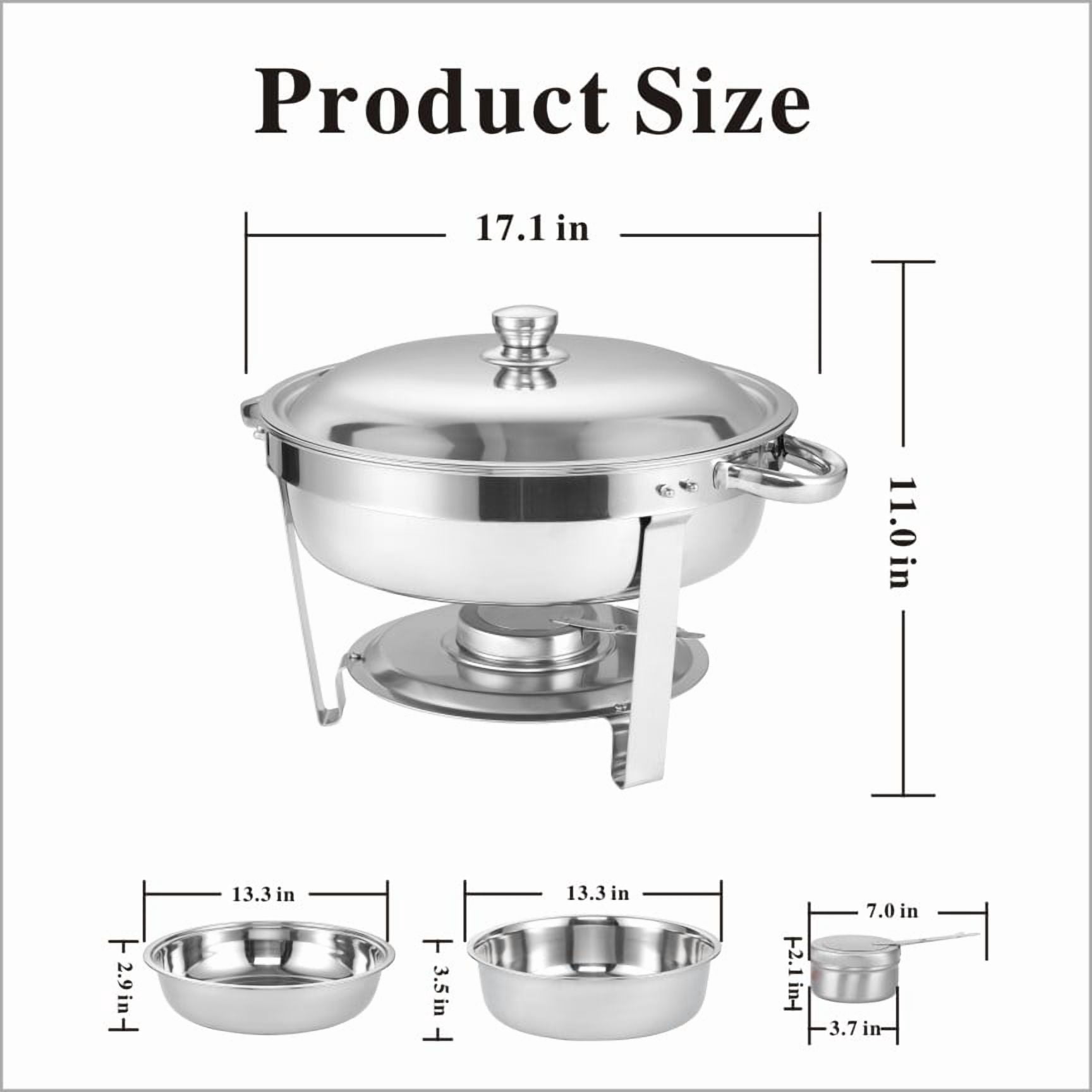 Round Buffet Catering Dish Set of 4 with Stainless Steel Construction, 5-Quart Chafing Dish for Parties and Events, Silver