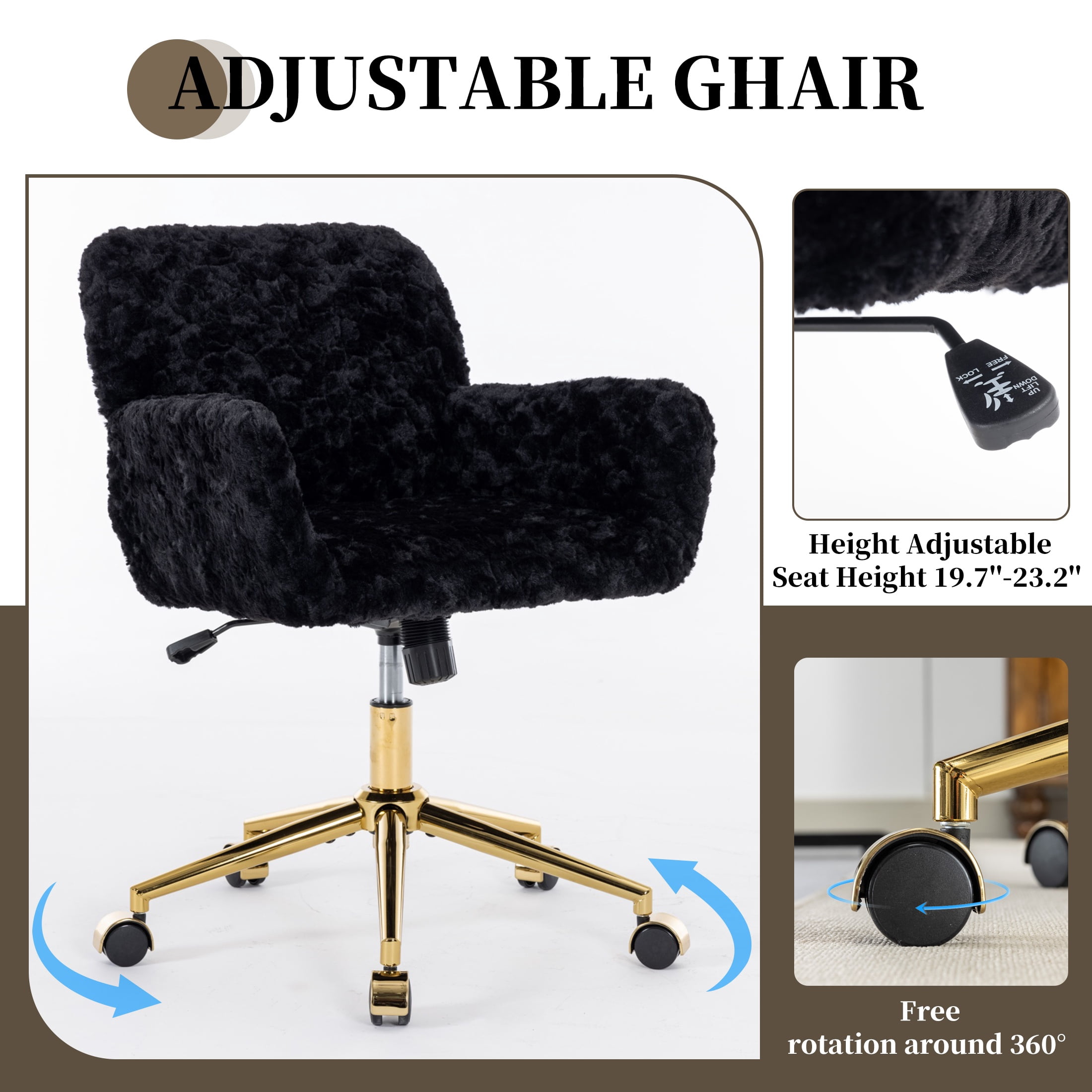 ENYOPRO Office Chair with Chrome Legs, Ergonomic Teddy Desk Chair Vanity Chair with Wheels, Modern Computer Chair for Home Office, Black