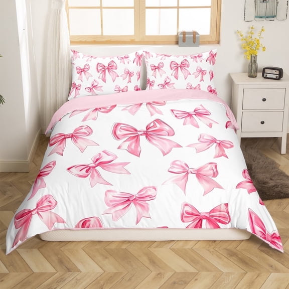 Kawaii Bowknot Bedding Set Dreamy Princess Style Duvet Cover Queen Teen Women,Girly Cute Bow Comforter Cover Pink Bow Tie Bedspread Cover Bedroom Decor 2 Pillow Cases