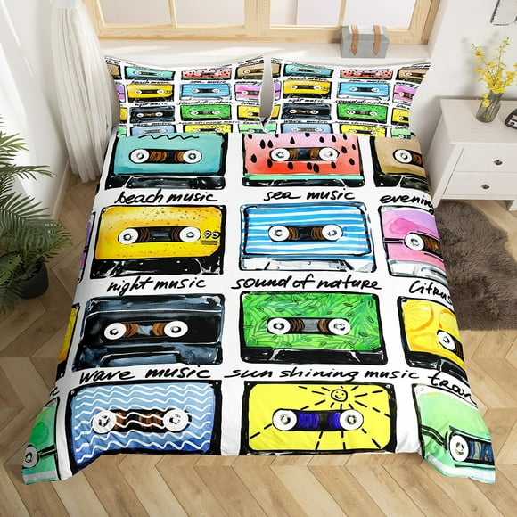 YST Music Theme Duvet Cover Queen Watercolor Plastic Tapes Bedding Set, Old Fashion Comforter Cover Retro Audio Cassette Bed Set, Music Record Player Bedding Green Pink