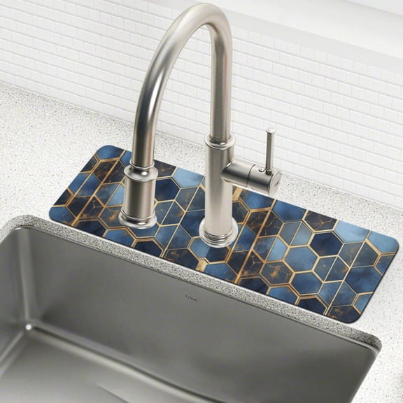 Yayeee Faucet Mat for Kitchen Sink 14.7" Diatomite Long Splash Guard Pad, Elegant Hexagon Pattern