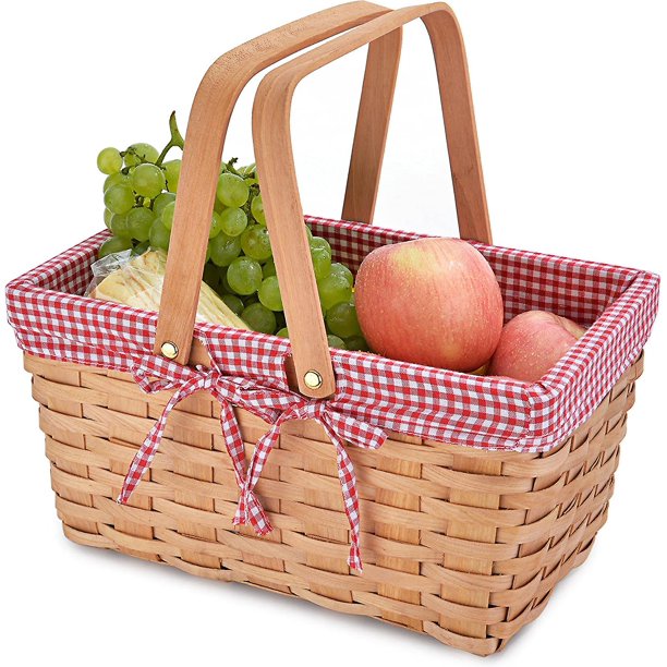 Cesta de picnic de virutas de madera tejidas naturales con asas dobles plegables, cesta de Pascua, almacenamiento de P