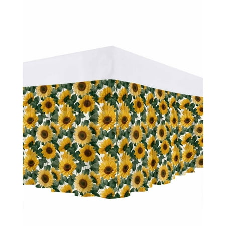 Sunflowers Bed Skirt Queen Size 16 Inch Drop, Country Watercolor Yellow Sunflower Floral Leaf Plant Adjustable Elastic Dust Ruffles Bedskirt for Queen Bed Wrap Around Pleated Mattress Frame Cover