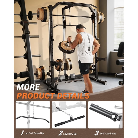 1000lbs Power Cage Smith Machine Home Gym – Multi-Function Strength Training Equipment with Barbell, Lat Pulldown, Cable System, Landmine, J-Hooks, Safety Spotter Arms – Pure Black