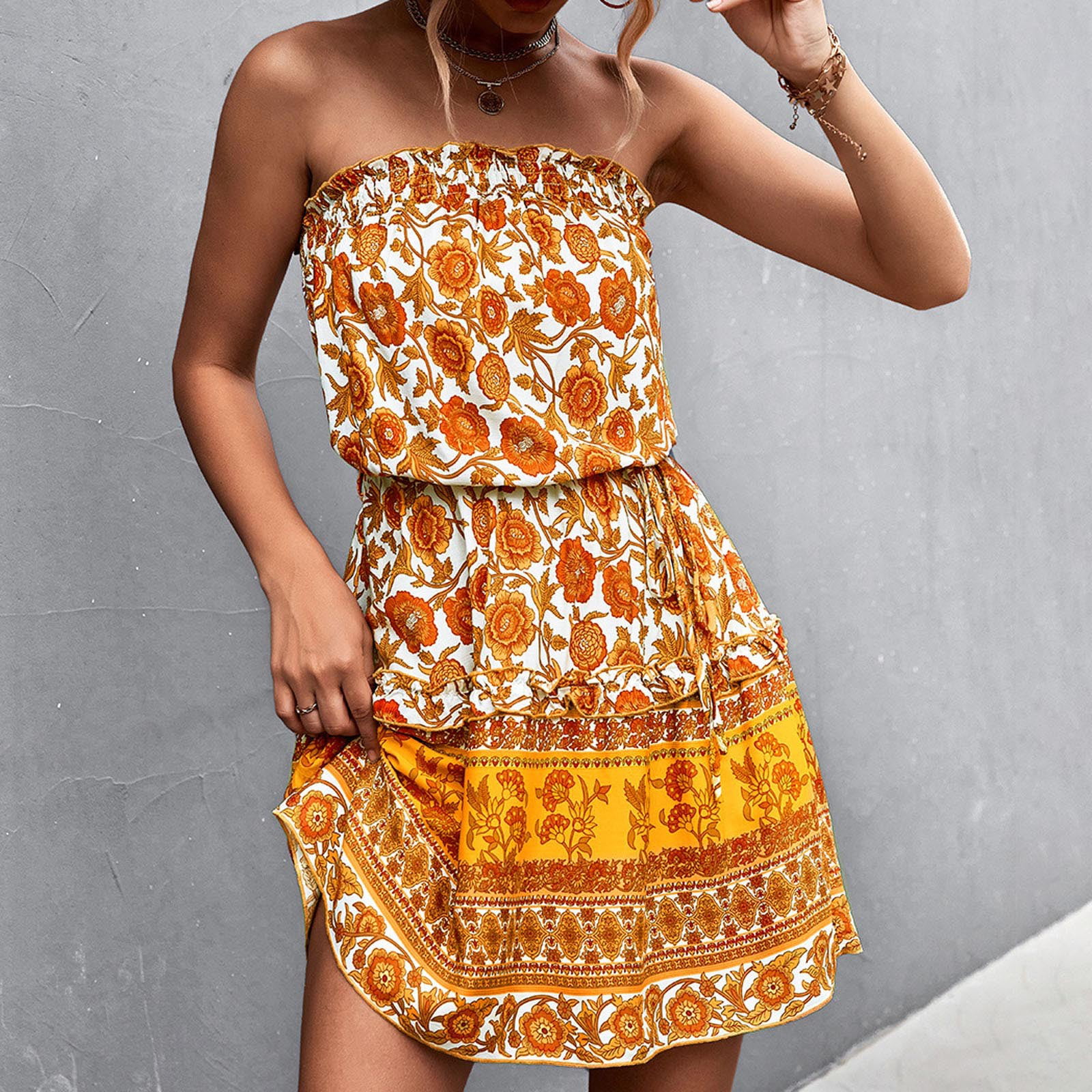uikmnh Women's Dress Tube Top For Women's Summer Strapless Swing Beach Mini Dress -