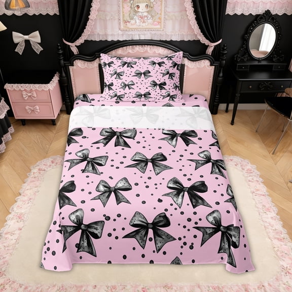 Erosebridal Black Pink Polkadots Bow Twin Sheet Sets for Girls, Dreamy Princess Bedding, 3 Pieces
