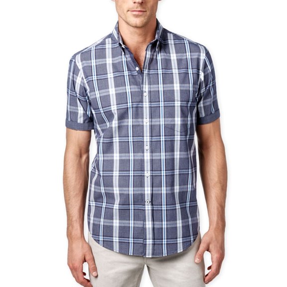 Club Room Mens Plaid Pocket Button Up Shirt, Blue, Medium