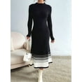 thumbnail image 2 of Women'S Color Block Striped Hem Long Sleeve Sweater Dress Pleated A-Line Swing Ribbed Knit Long Dress Black S, 2 of 8