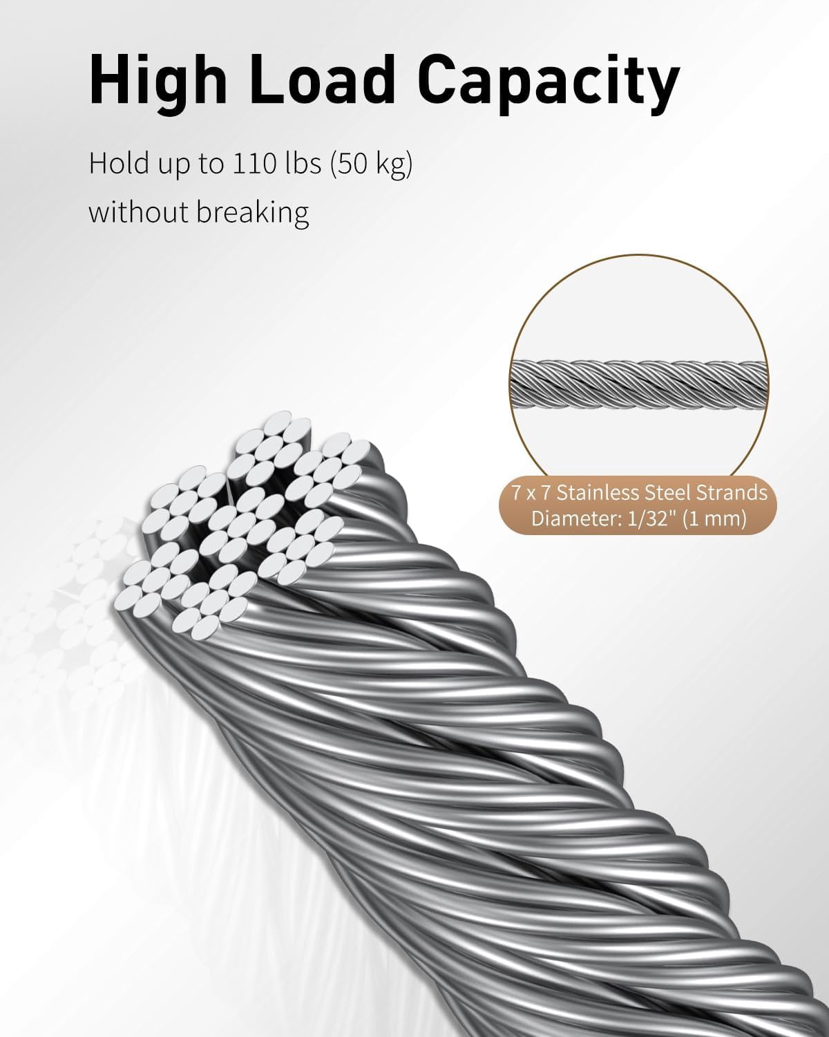 Picture Hanging Wire, 100 Feet 1/32" Picture Wire Kit with D-Ring Hangers, Stainless Steel Rope for up to 110 lbs, Trellis Line Cable for Photo Frames and String Lights