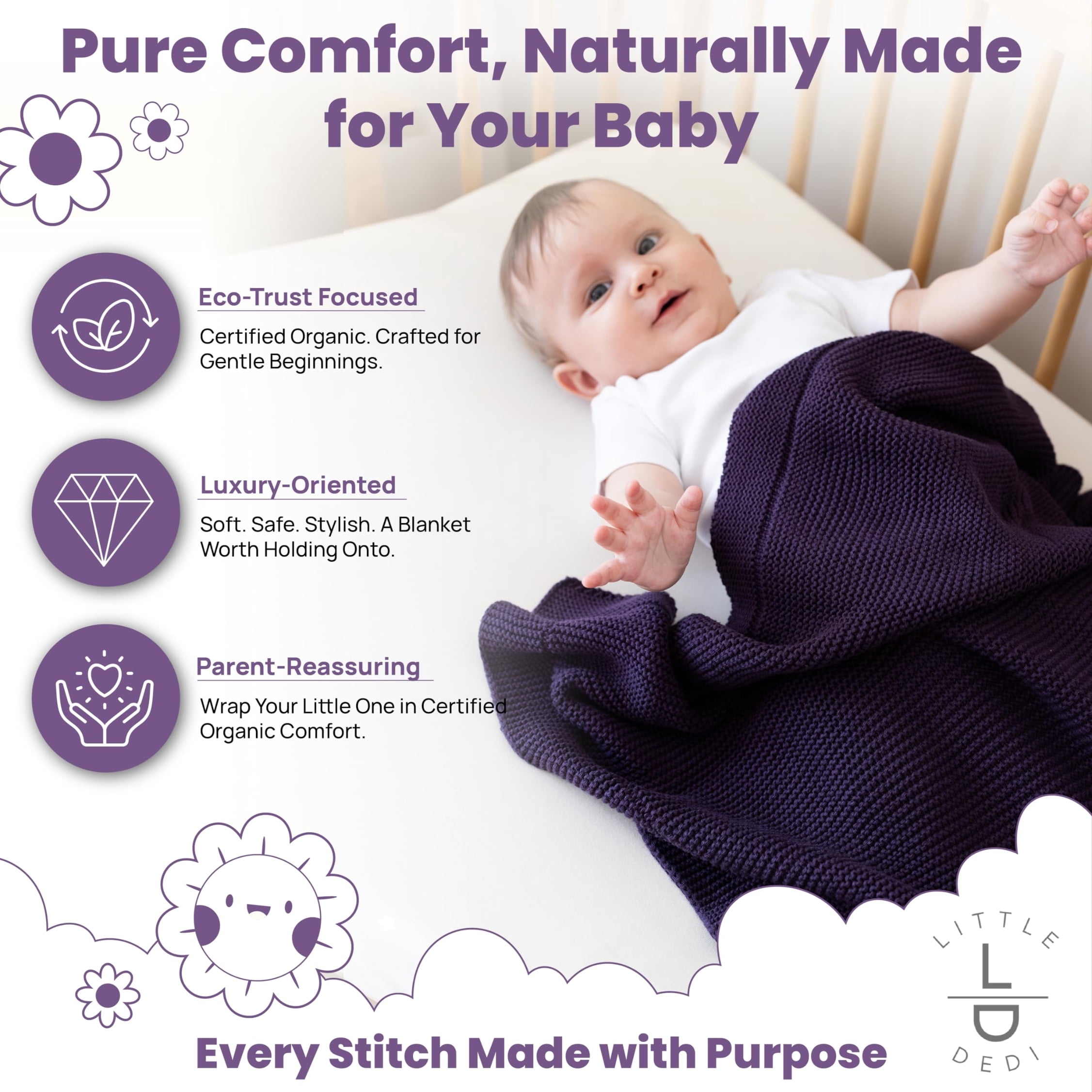 Little Dedi 100% Organic Cotton Baby Knitted Blanket with Gift Box - Soft Toddler, Crib, Stroller Blanket - Neutral Swaddle and Receiving Blanket for Newborns, 30"x40", Sweet Grape
