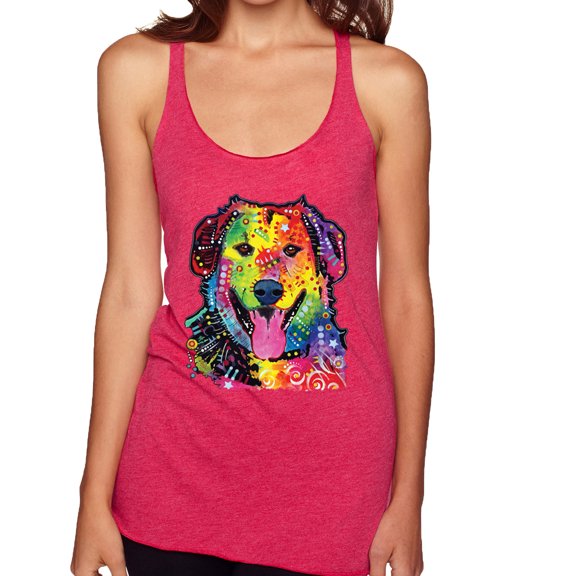 Smiling Dog | Colorful Neon Golden Retreiver | Dean Russo Art Animal Lover Tri-Blend Racerback Tank Top, Shocking Pink, Medium