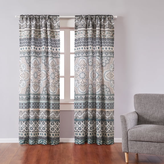 Levtex Home - Addie - Drape Panel/Curtain (55x84in.) Set of 2 with Rod Pocket - Medallion Stripe - Pink, Blue, Black and White - Cotton Fabric