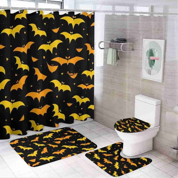 Black and Yellow Bat Pattern 4-Piece Shower Curtain Set with Bath Mats and Toilet Lid Cover for Halloween Bathroom Decor