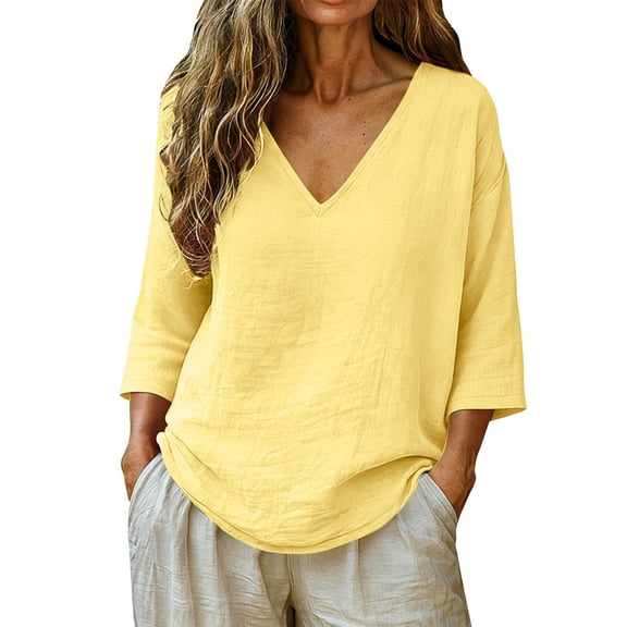 Womens Short Sleeve Tops Summer Vacation Casual Linen Cotton V Neck 3/4 Sleeve Blouse Tees