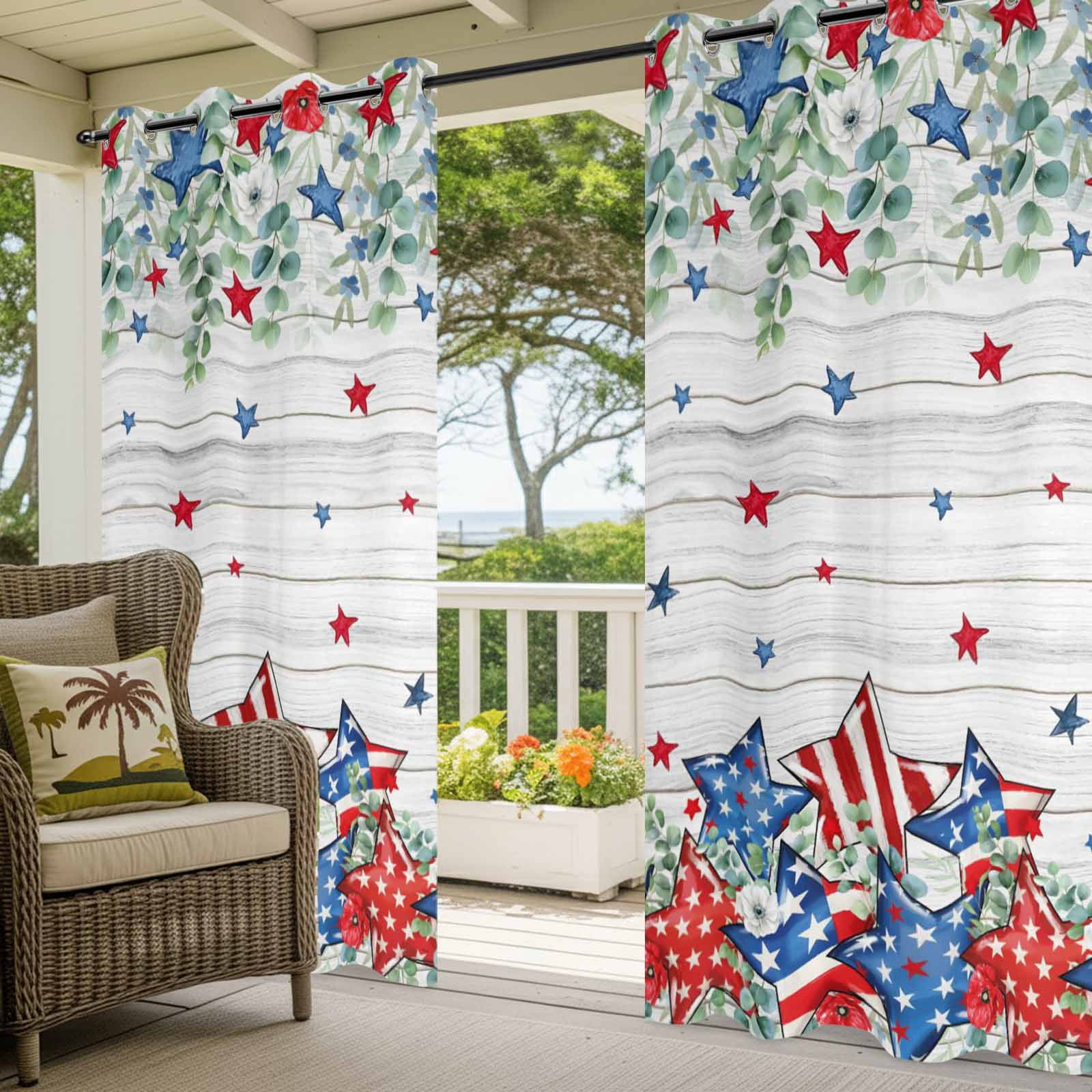 Independence Day Star Outdoor Curtains for Patio, Farm Red Blue White Star Green Leaf Flower Wood Grain Sunshade Privacy Drapes Grommet Waterproof Outside Curtains for Porch Balcony 54"x108", 1 Panel