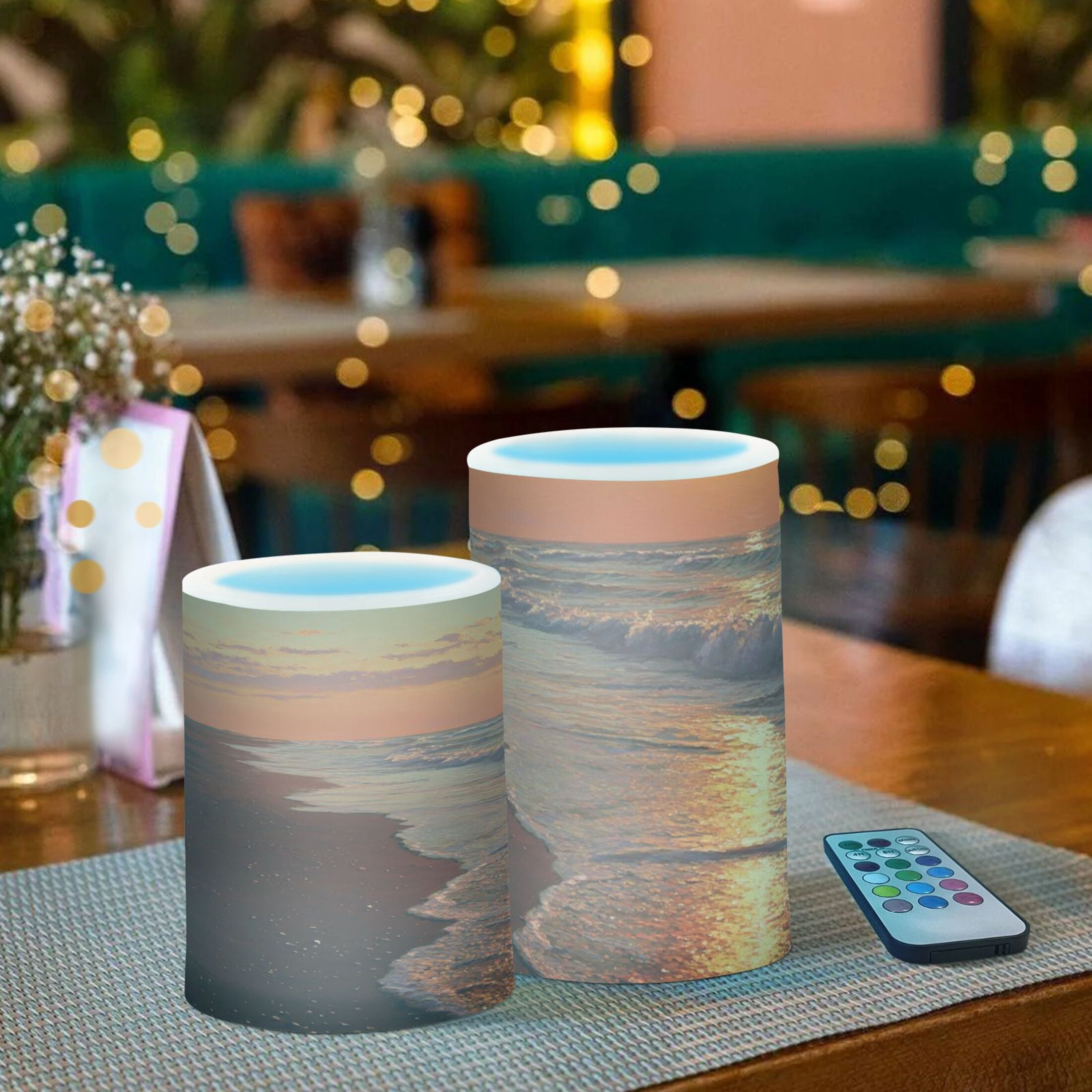 Beach Sunset Flickering Flameless Candles Battery Operated with Remote Timer LED Pillar Candles Set of 2