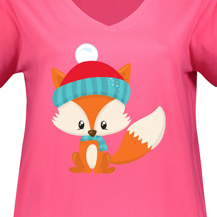 Inktastic Cute Fox, Fox With Hat And Scarf, Orange Fox Women's Plus Size V-Neck T-Shirt - image 3 of 4