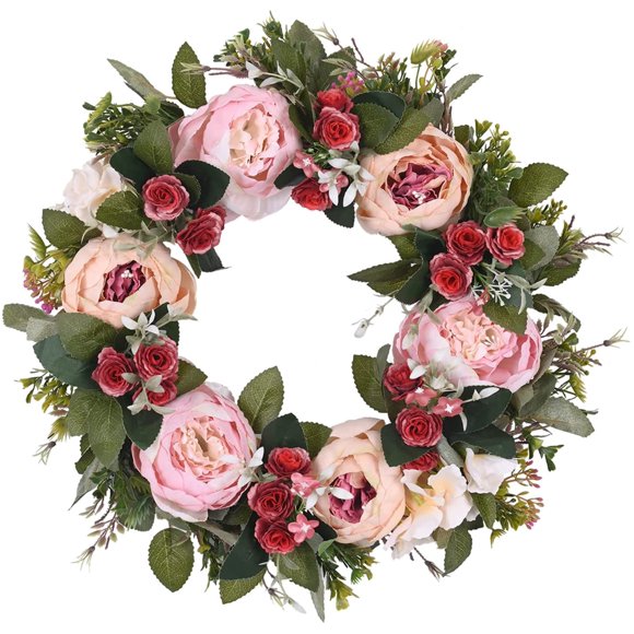 LIVILAN Fake Flowers Door Wreath 15"-16" Floral Artificial Peony Wreath with Green Leaves Handmade for Front Door Farmhouse Welcome Door Wall Home Decor Office Pink