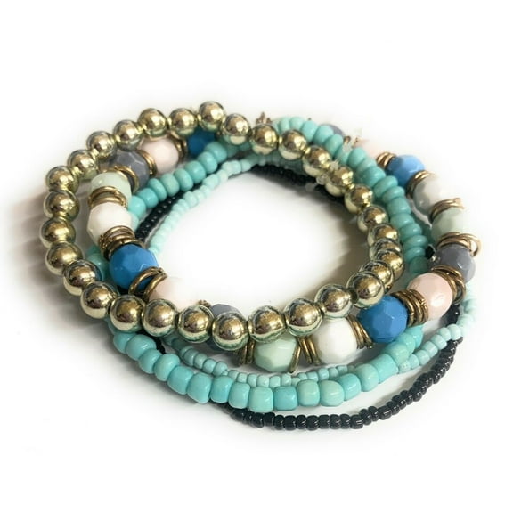 Womens Bracelet Layered Teens Western Boho Stretch 5 Piece Beaded Jewelry Turquoise Blue Gold