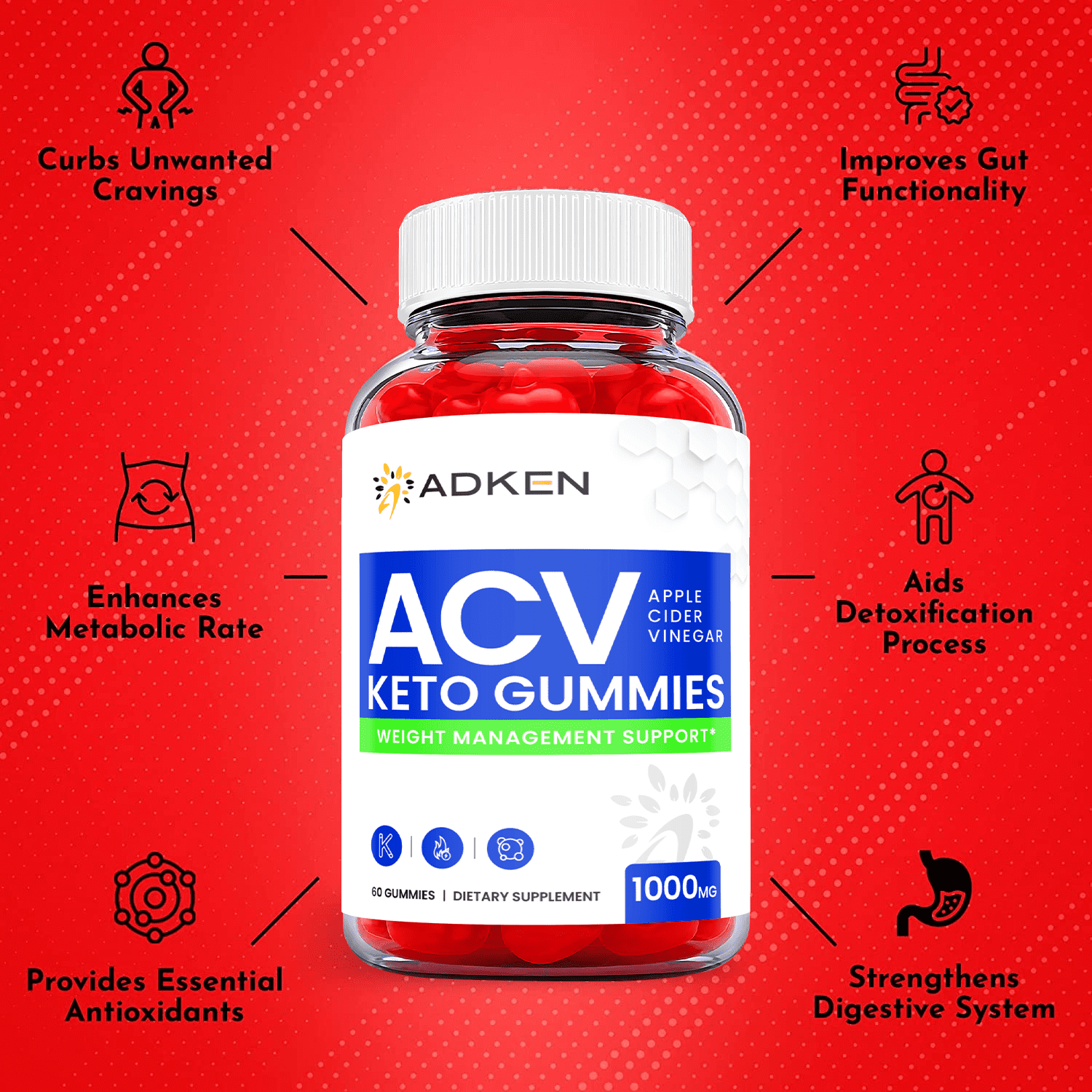 (5 Pack) Adken Keto ACV Gummies - Supplement for Weight Loss - Energy & Focus Boosting Dietary Supplements for Weight Management & Metabolism - Fat Burn - 300 Gummies