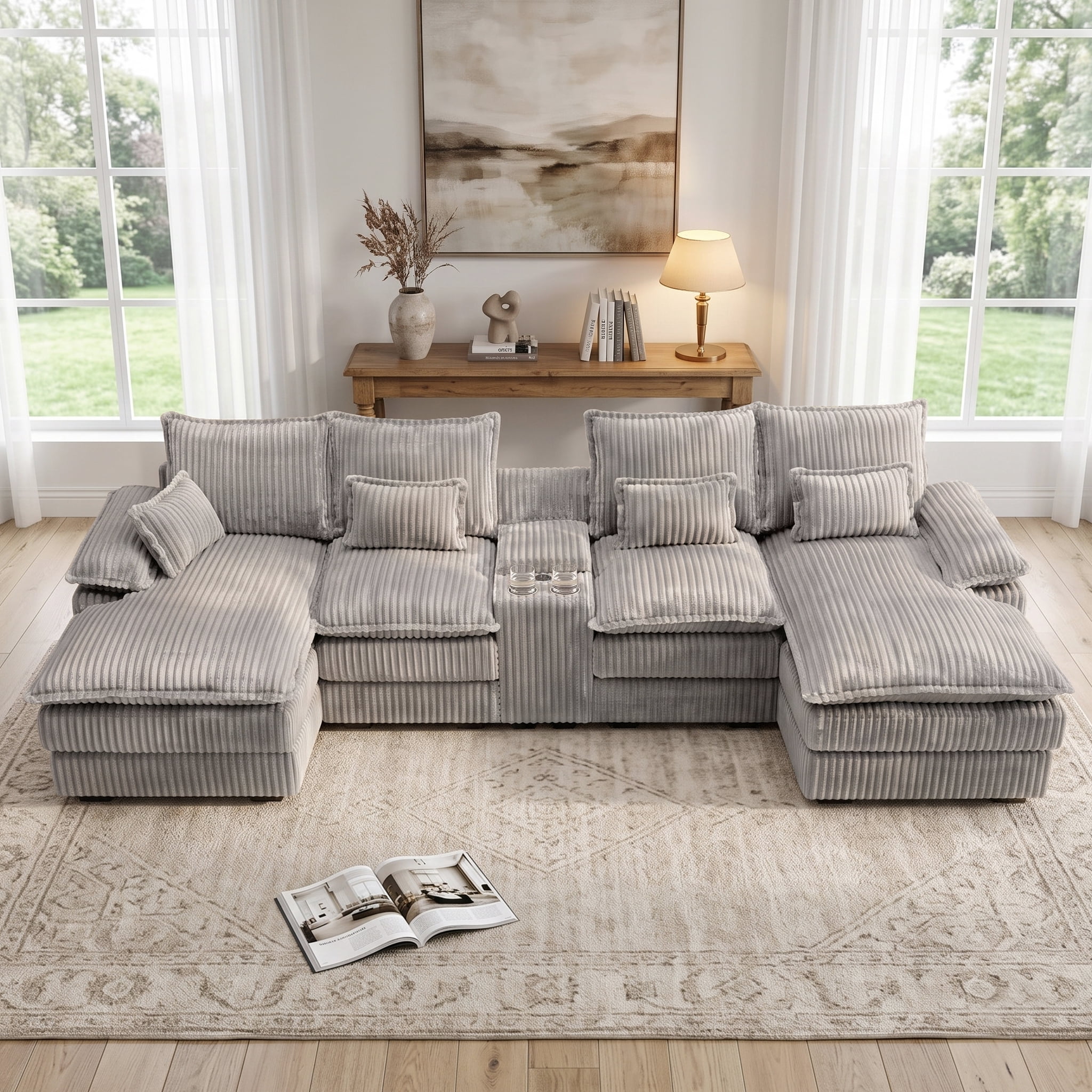 Wakefit 125" U Shaped Sectional Couch, Oversized Modular Sectional Sofa, 5 Seater Corduroy Cloud Couch with Hidden Storage, USB Ports & Cup Holders for Living Room, Light Gray