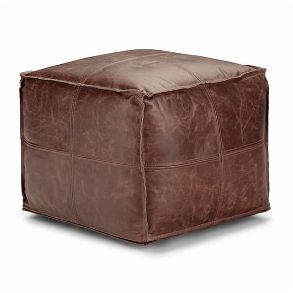 Simpli Home Sheffield 18 inch Wide Boho Square Pouf in Brown Genuine Leather