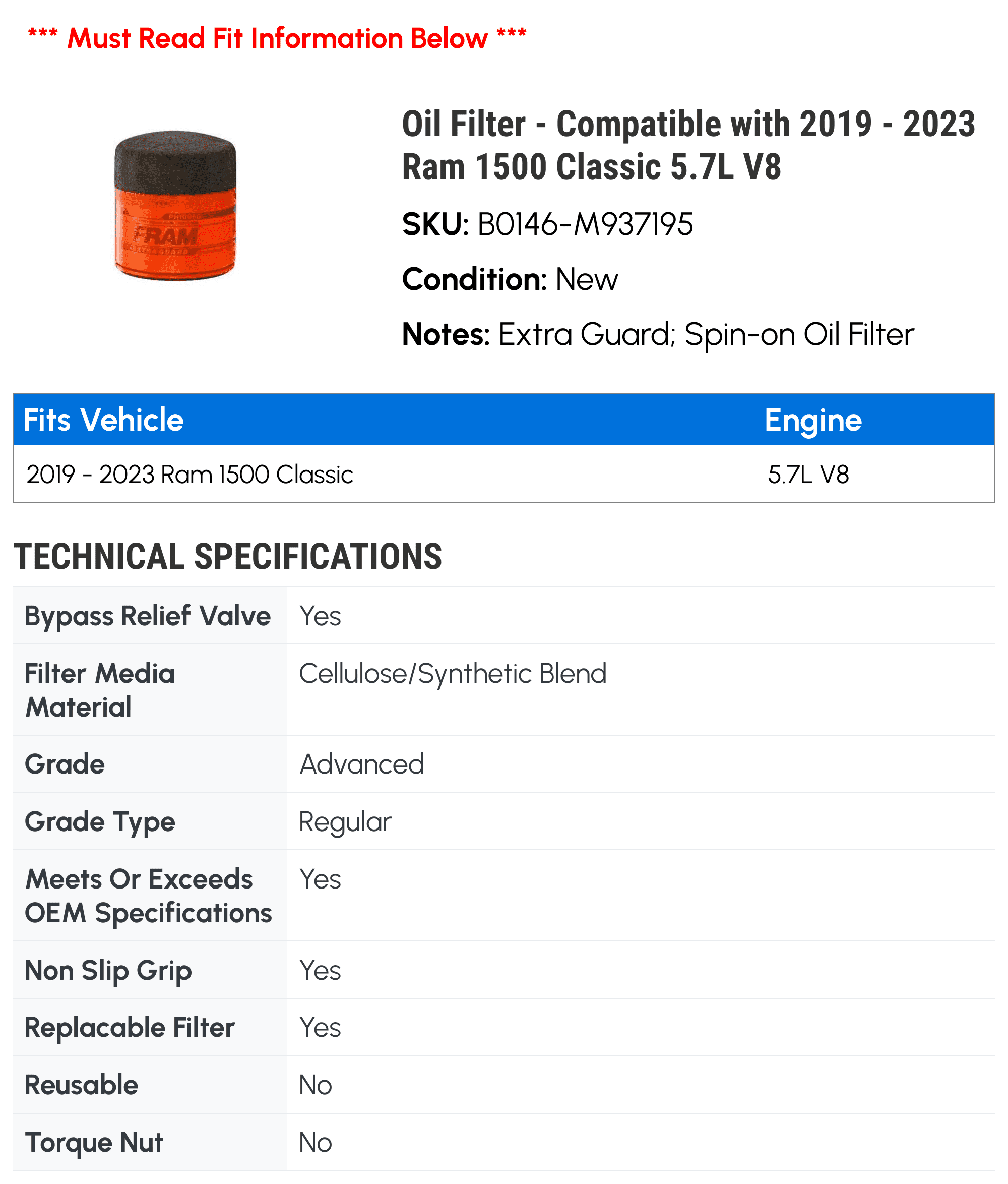 Oil Filter - Compatible with 2019 - 2023 Ram 1500 Classic 5.7L V8 2020 2021 2022
