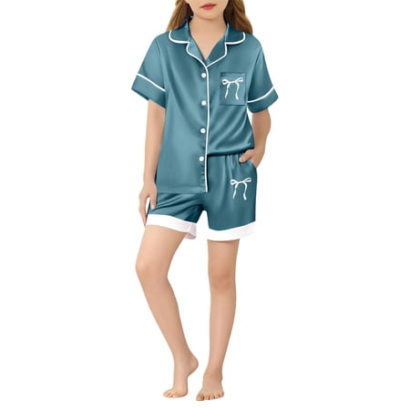 REDARER Girls Silk Satin Pajama Set Short Sleeve Button-Down Top & Shorts Cozy Two-Piece Loungewear 4-5 Years