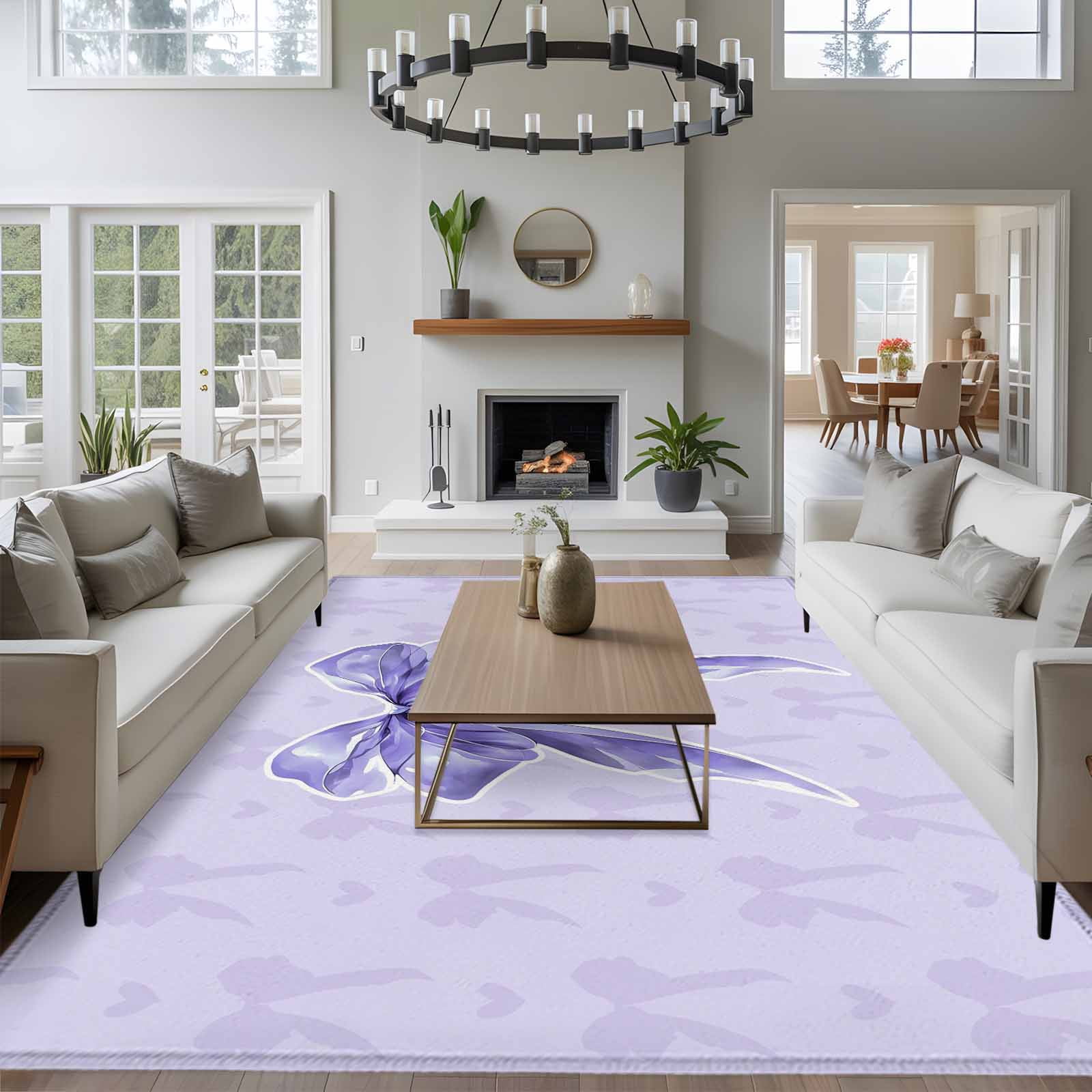 Purple Bow Area Rugs 8'x10', Washable Small Throw Rugs for Living Room Patio, Cute Bowknot Simple Pure Color Indoor Outdoor Rug Non-Slip Low Pile Carpet Runner Reversible Floor Mats