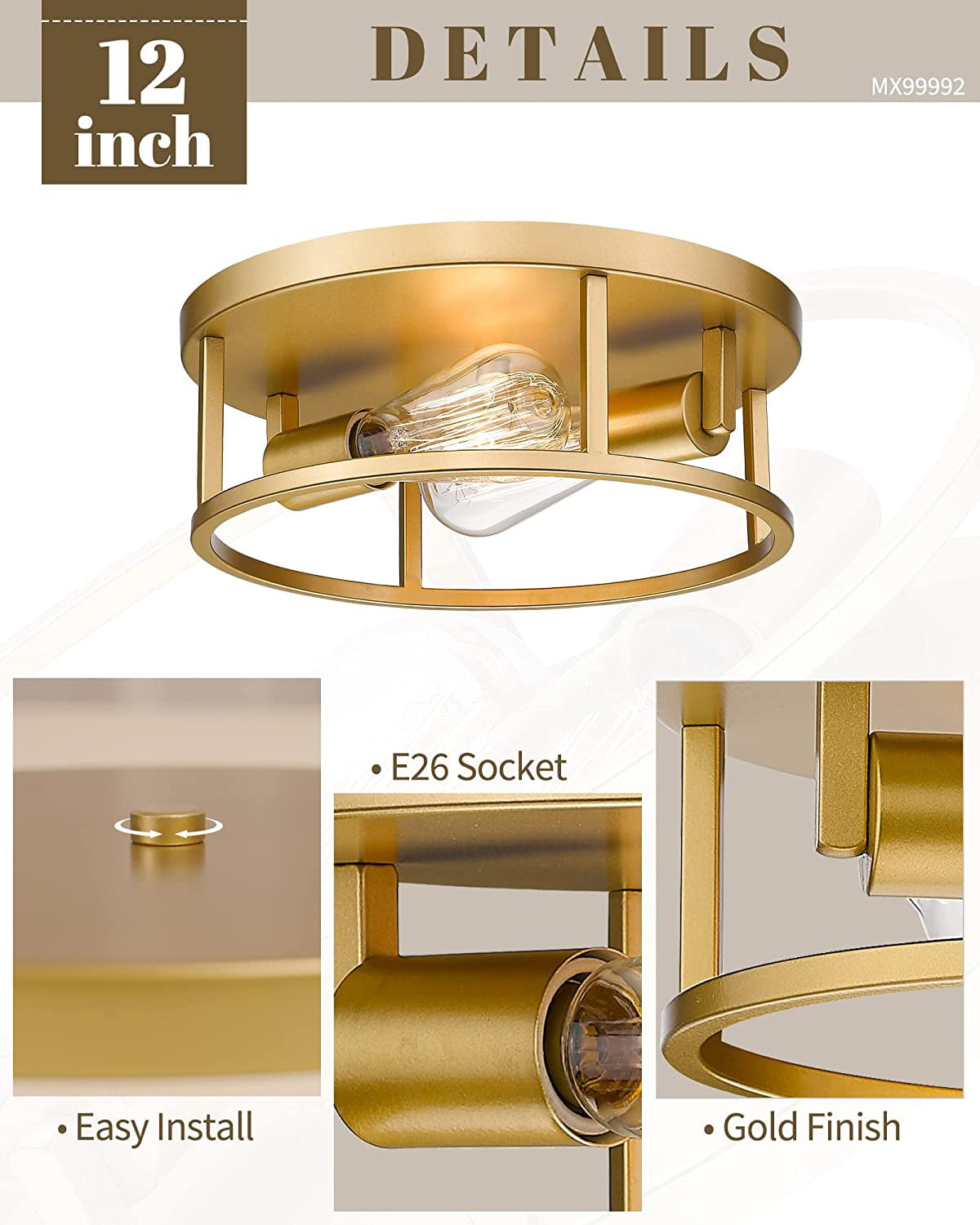 HANASS Gold Flush Mount Light Fixture, 12 inch Modern Ceiling