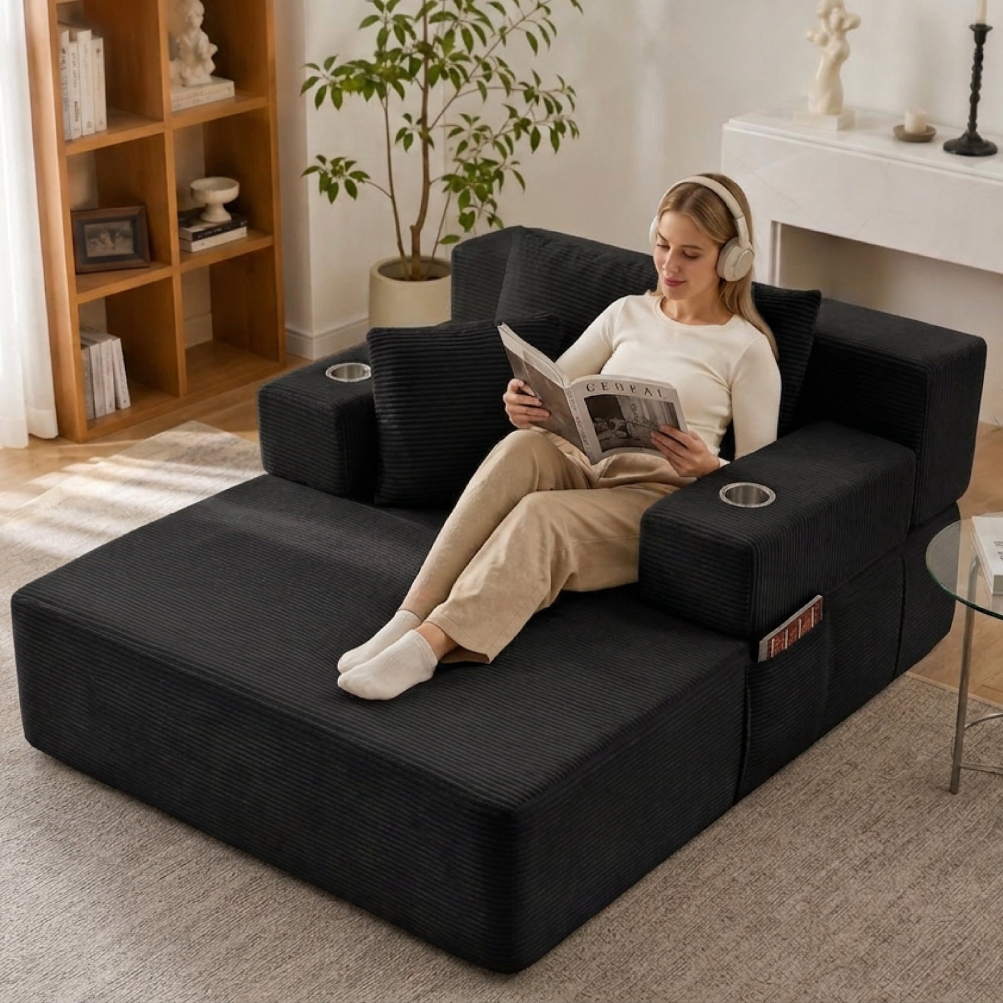 Leumius 70.8'' Oversized Chaise Lounge Chair Indoor,Plush Corduroy Upholstered Cloud Sofa Bed for Living Room,No Assembly Required,Black