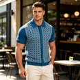 thumbnail image 2 of EANJE Men's Short Sleeve Knit Polo Cardigan, Geometric Pattern Button‑Down Lapel Collar Retro Casual Knitted Shirt for Daily Vacation Blue M, 2 of 5