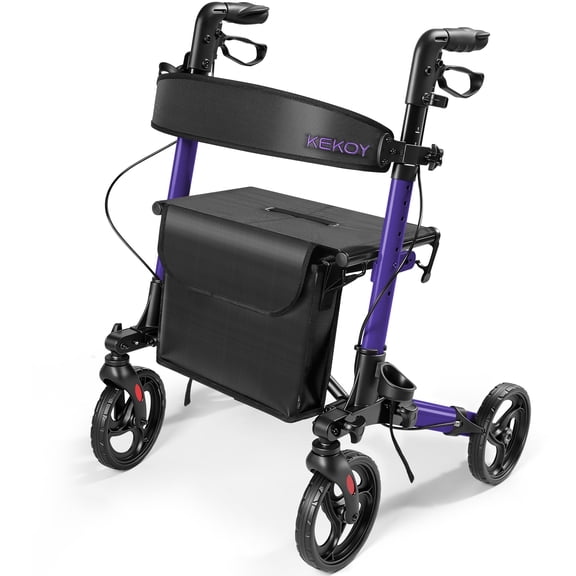 KEKOY Foldable Rollator Walkers for Seniors with Seat 350 lb, Adjustable Handles and Backrest Height, Adult Aluminum Rolling Mobility Walker, 8" Big Wheels, Purple