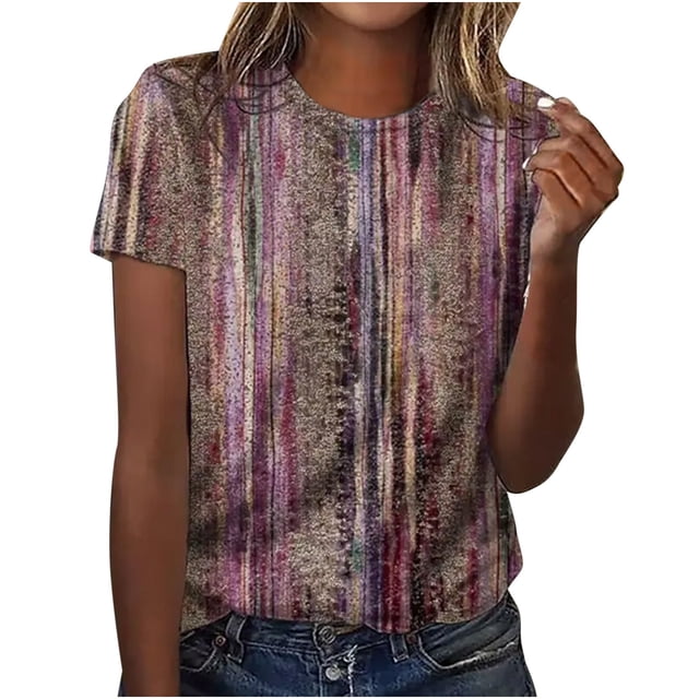 Hauts Tuniques pour Femmes Coupe Ample Chic Col Rond Manches Courtes Pli Régulier Blouse Imprimée T-shirt Hauts d'Été pour Femmes