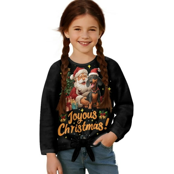 Xixirimido Santa Dachshund Dog Joyous Christmas Printed Girls Long Sleeve Shirt Kids Crewneck T-Shirts Trendy 3D Graphic Tie-hem Cute Tees for Fall Winter, Size 5-6